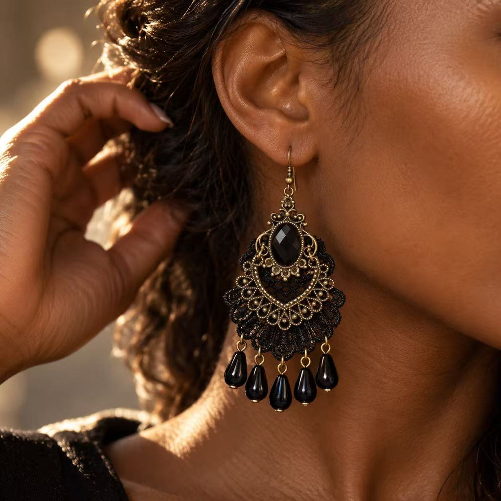 Vintage Gothic Lace Drop Earrings – Black & Ivory Statement Dangle Earrings, Crystal-Inspired Boho Jewelry for Halloween & Everyday Style