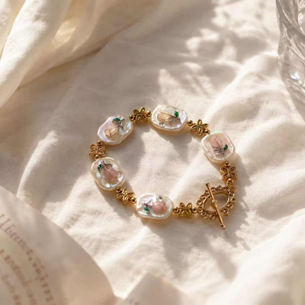 Floral Mother of Pearl Bracelet – Gold Butterfly & Pink Flower Statement Jewelry