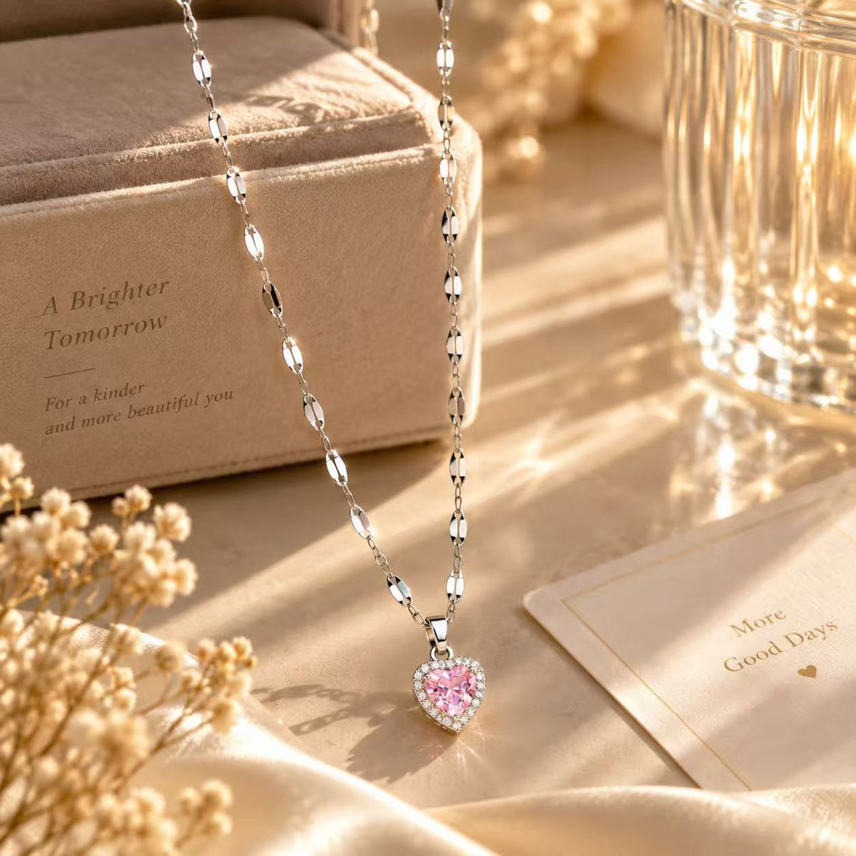 Pink Heart Pendant Necklace for Women, Silver Tone Gold Tone Sparkling Halo Heart Necklace, Romantic Everyday Jewelry Gift