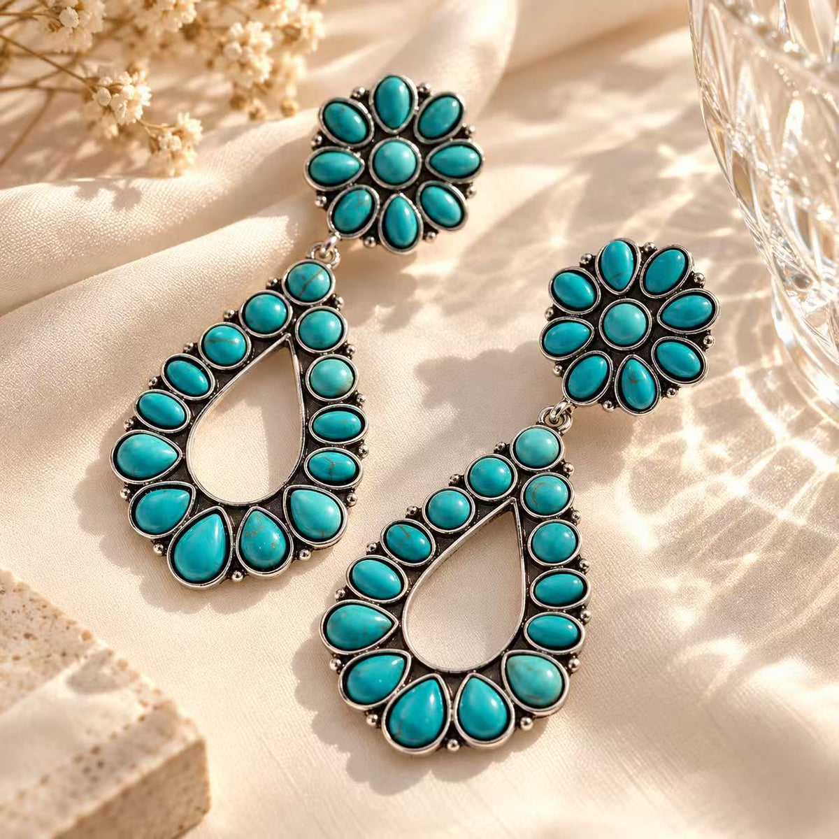 Boho blue Turquoise-Style Teardrop Dangle Earrings for Women, Vintage Western Statement Earrings, Antique Inspired Jewelry