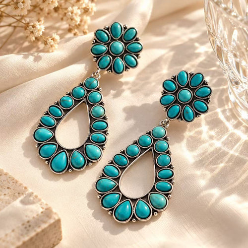 Boho blue Turquoise-Style Teardrop Dangle Earrings for Women, Vintage Western Statement Earrings, Antique Inspired Jewelry