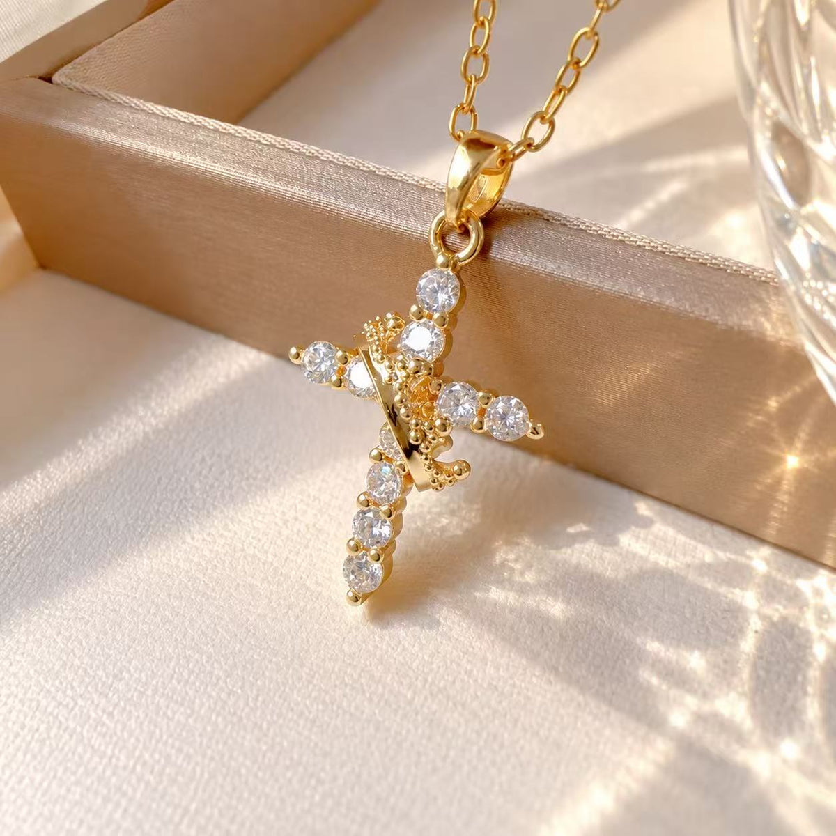 Gold Tone Cross Pendant Necklace for Women, Sparkling Clear Stone Cross with Angel Detail, Vintage Inspired Statement Jewelry, Gift for Her