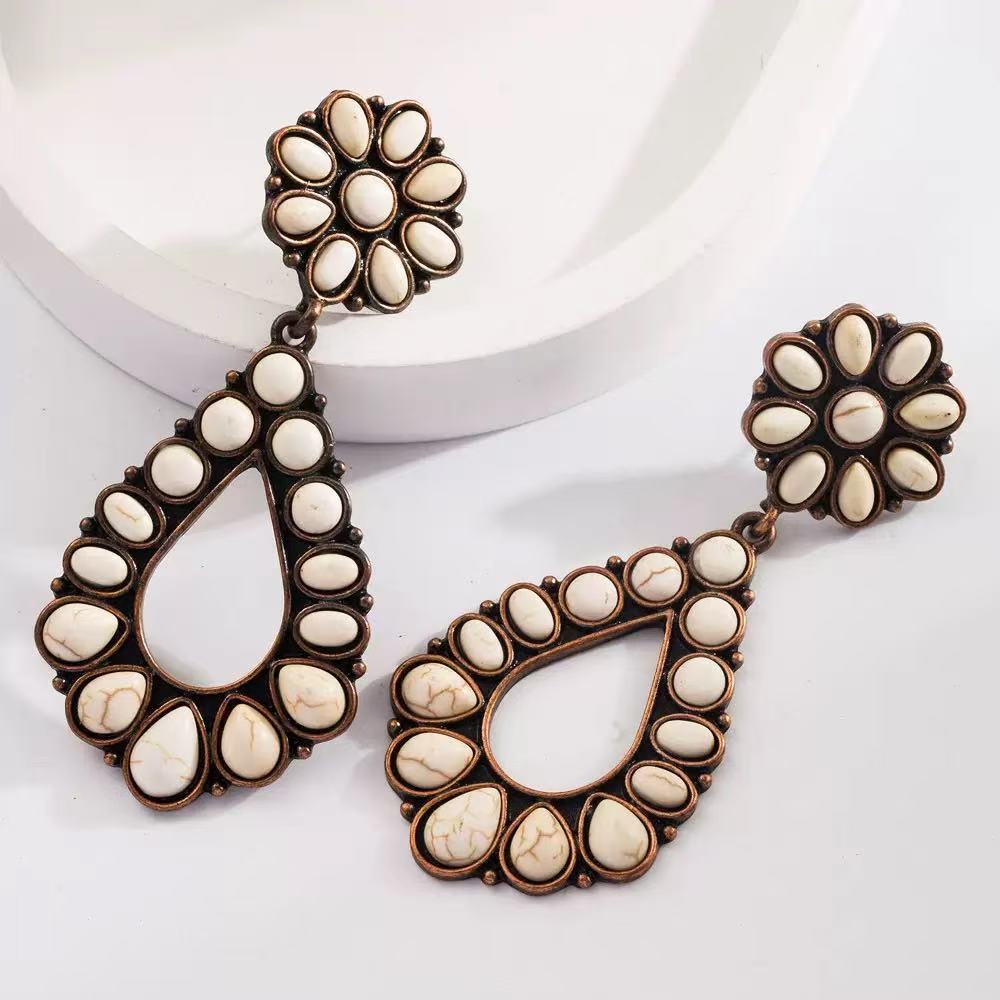Boho White Turquoise-Style Teardrop Dangle Earrings for Women, Vintage Western Statement Earrings, Antique Inspired Jewelry