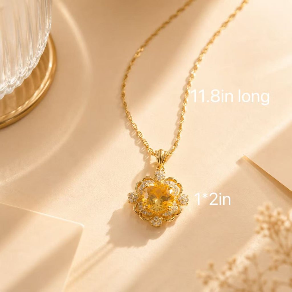 Golden Flower Crystal Pendant Necklace Elegant Gold Flower Pendant Necklace with Yellow Gemstone and Sparkling Accents for Women's Jewelry