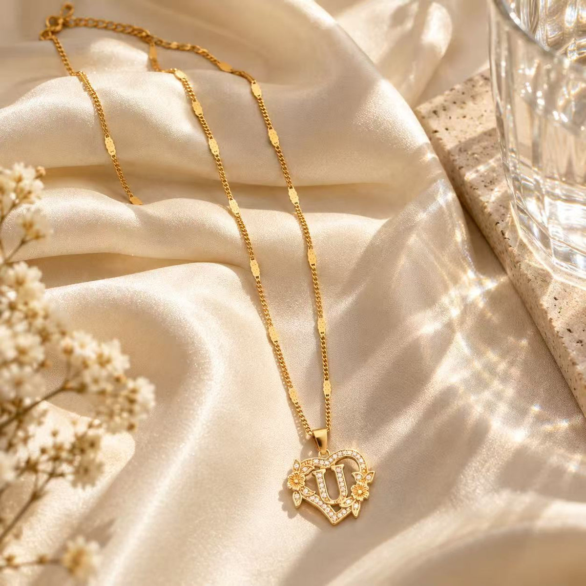 Gold Tone Heart Initial Pendant Necklace with Floral Detail, Sparkling Letter Charm Necklace, Romantic Jewelry Gift for Women
