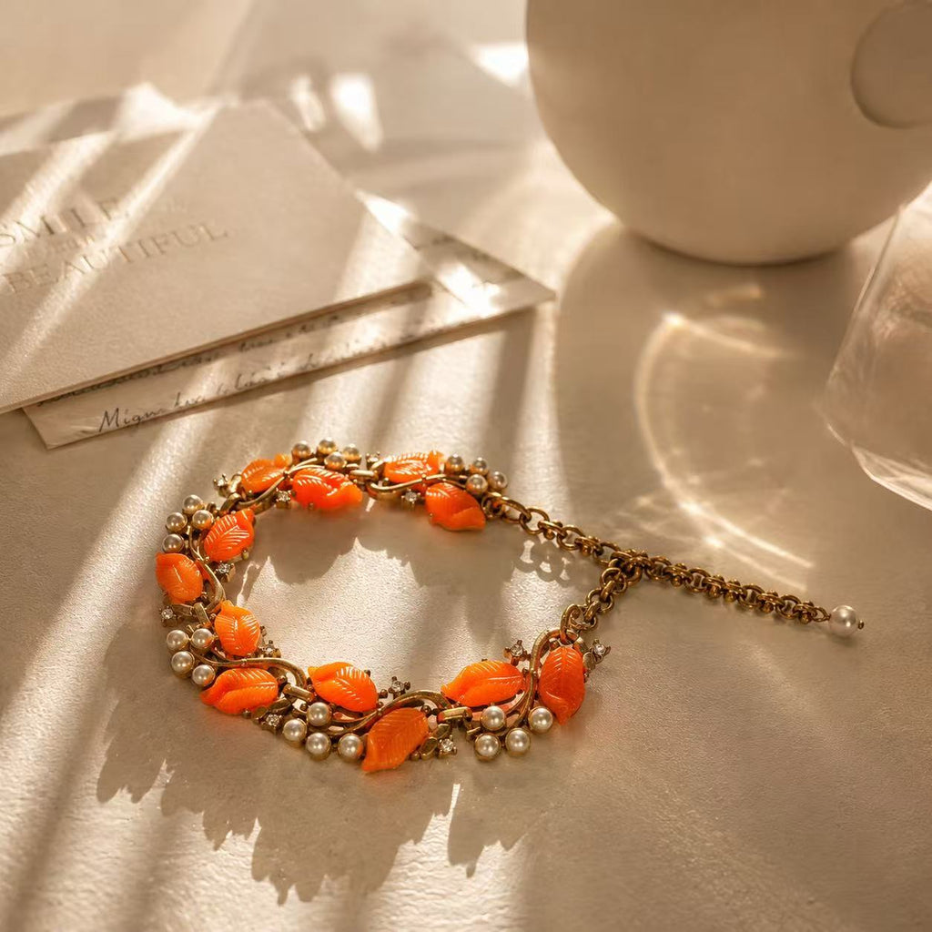 Orange Leaf Pearl Bracelet – Vintage Gold Statement Jewelry, Elegant Gift for Her