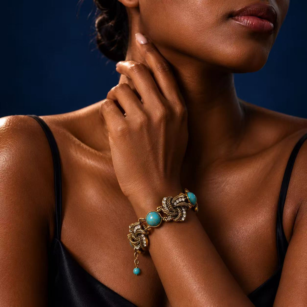 Turquoise & Gold Statement Bracelet – Vintage Leaf Charm Crystal Jewelry