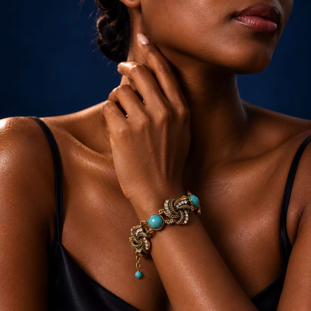 Turquoise & Gold Statement Bracelet – Vintage Leaf Charm Crystal Jewelry
