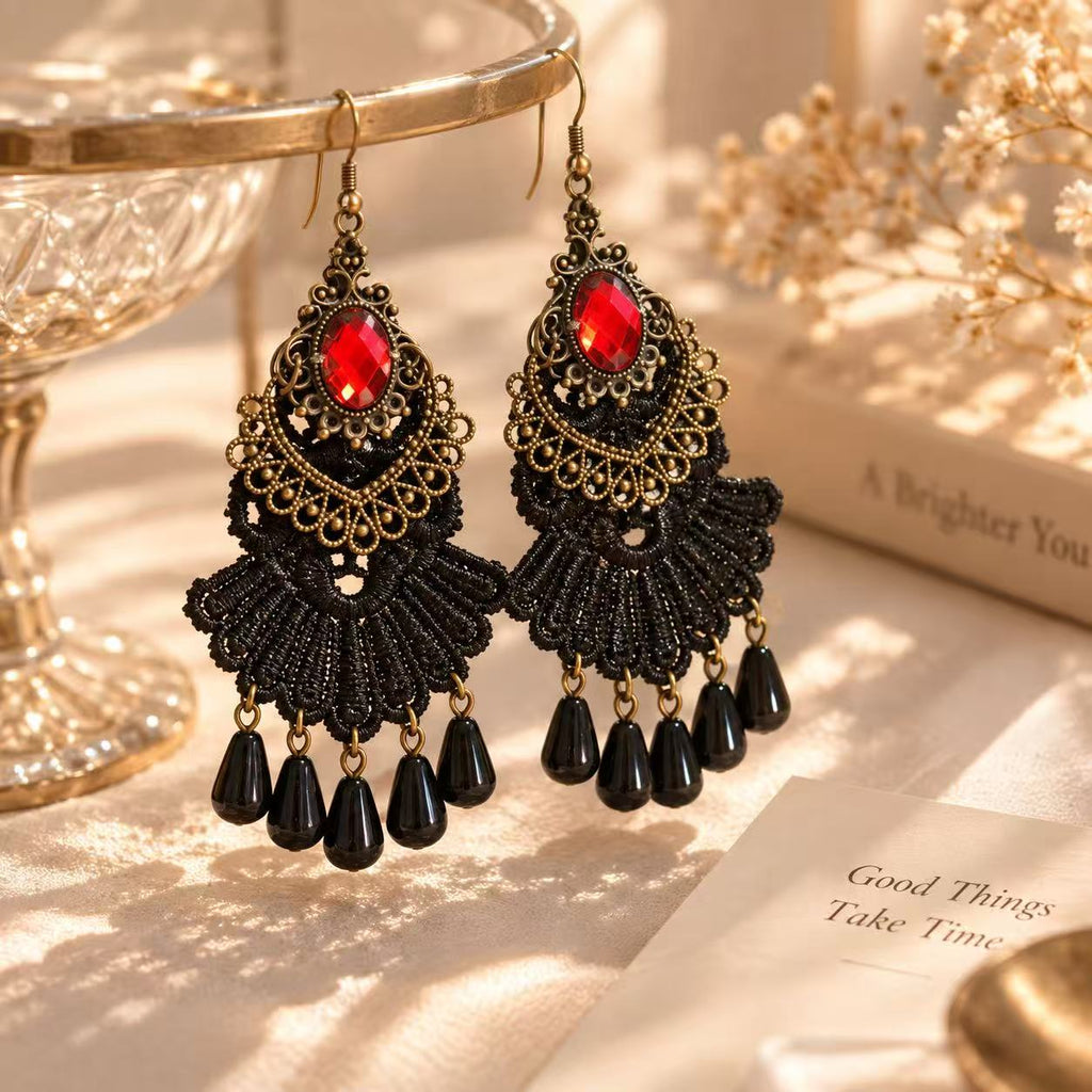 Vintage Gothic Lace Drop Earrings – Black & Ivory Statement Dangle Earrings, Crystal-Inspired Boho Jewelry for Halloween & Everyday Style