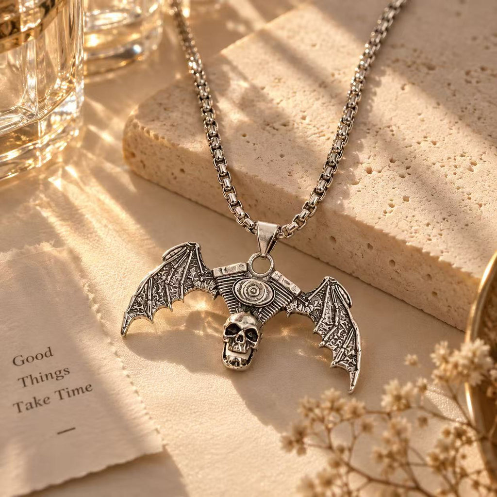 Winged Skull Pendant Necklace for Women & Men, Silver Tone Gothic Statement Chain, Vintage Punk Fashion Jewelry