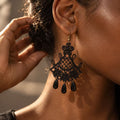 Vintage Gothic Lace Drop Earrings – Black & Ivory Statement Dangle Earrings, Crystal-Inspired Boho Jewelry for Halloween & Everyday Style