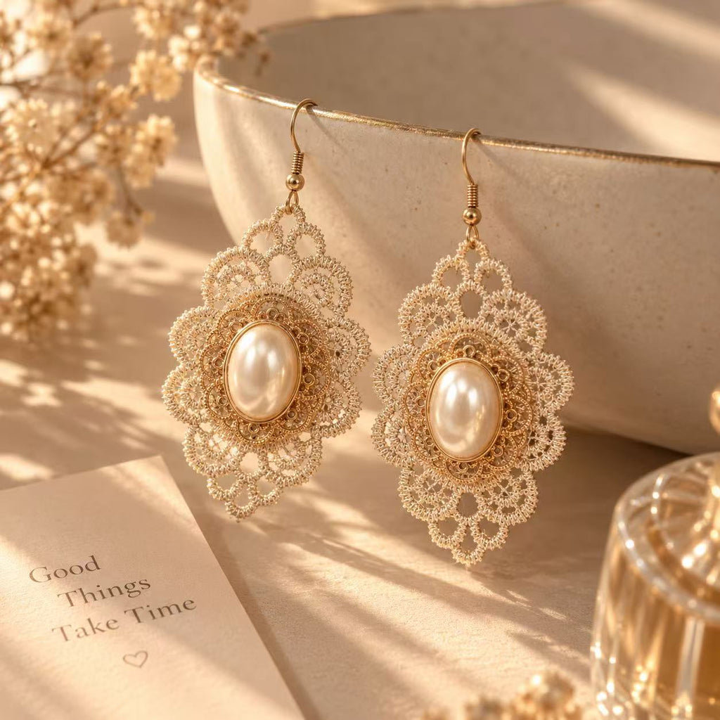 Vintage Gothic Lace Drop Earrings – Black & Ivory Statement Dangle Earrings, Crystal-Inspired Boho Jewelry for Halloween & Everyday Style