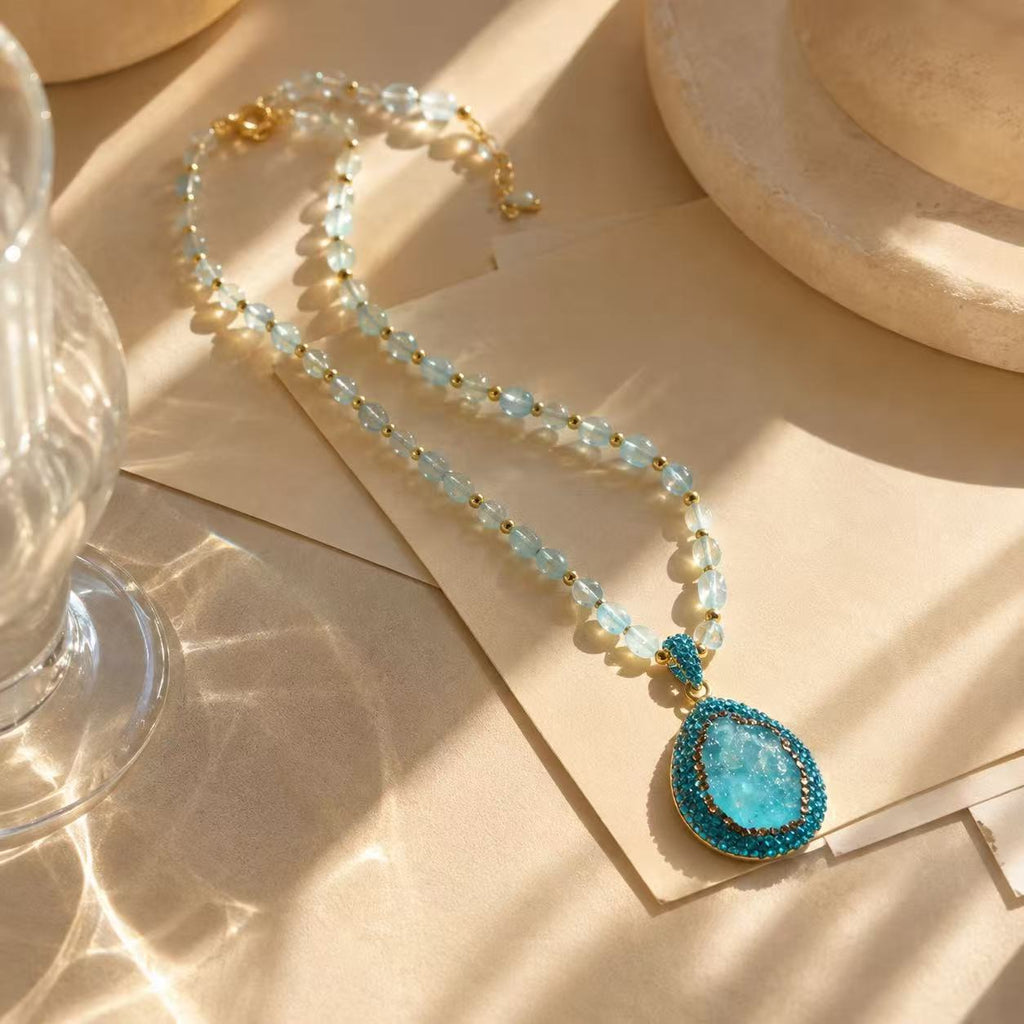 Aqua Blue Crystal Teardrop Necklace Elegant Teardrop Pendant Necklace with Turquoise Stone and Gold-Tone Beads for Women's Fashion Jewelry