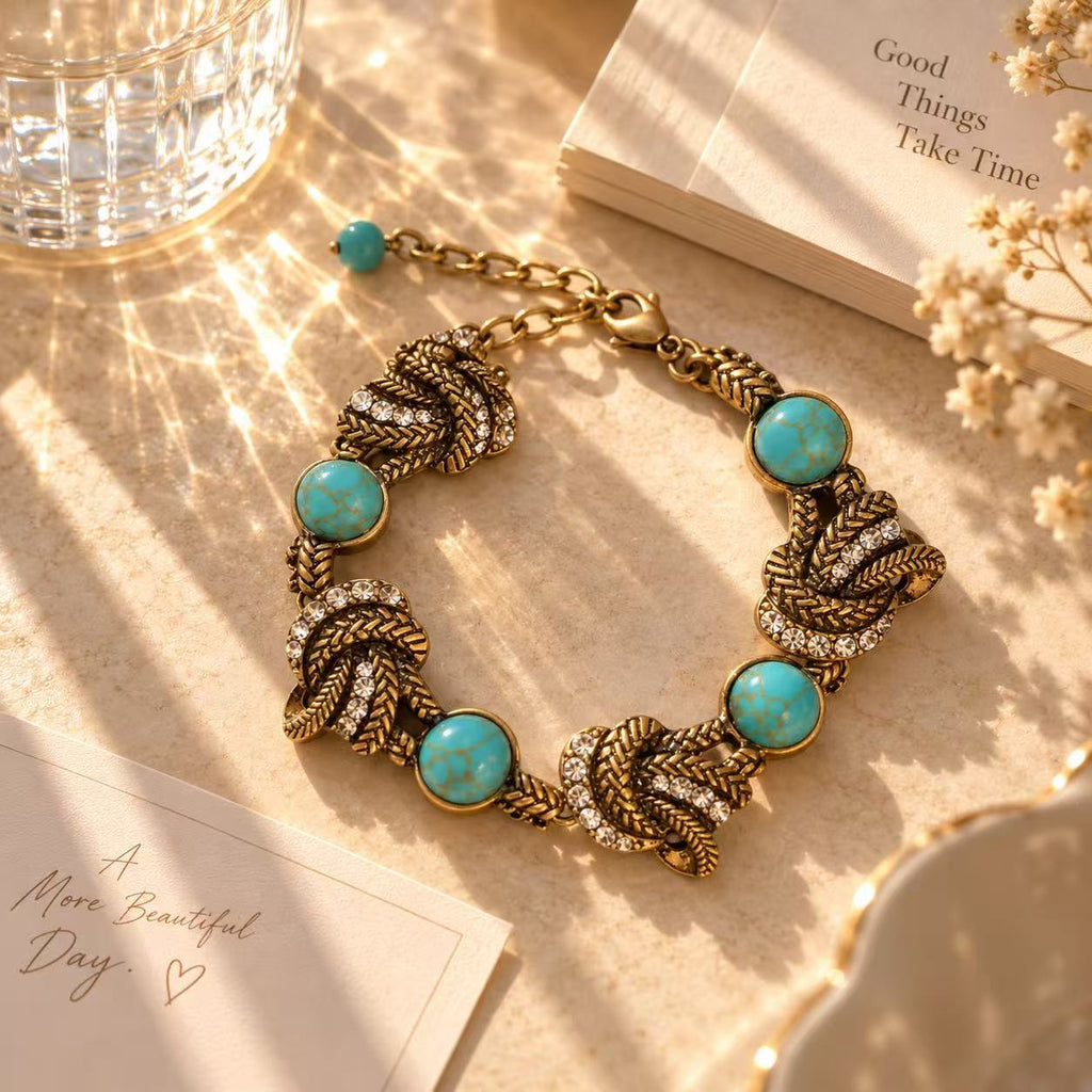 Turquoise & Gold Statement Bracelet – Vintage Leaf Charm Crystal Jewelry
