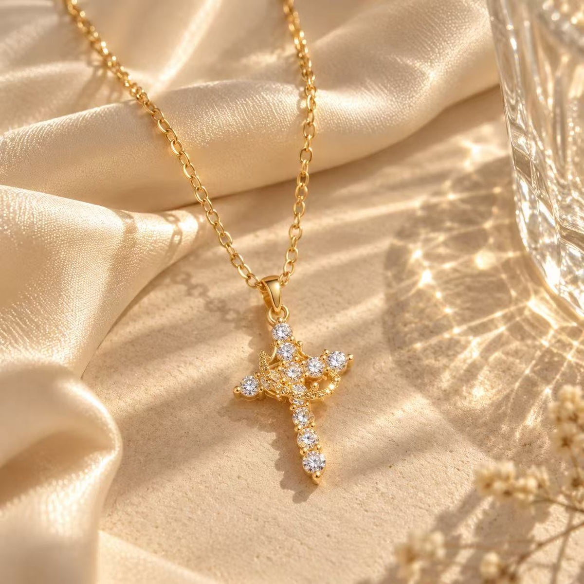 Gold Tone Cross Pendant Necklace for Women, Sparkling Clear Stone Cross with Angel Detail, Vintage Inspired Statement Jewelry, Gift for Her