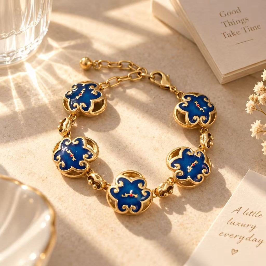 Blue Enamel Gold-Tone Statement Bracelet – Vintage Floral Charm Jewelry