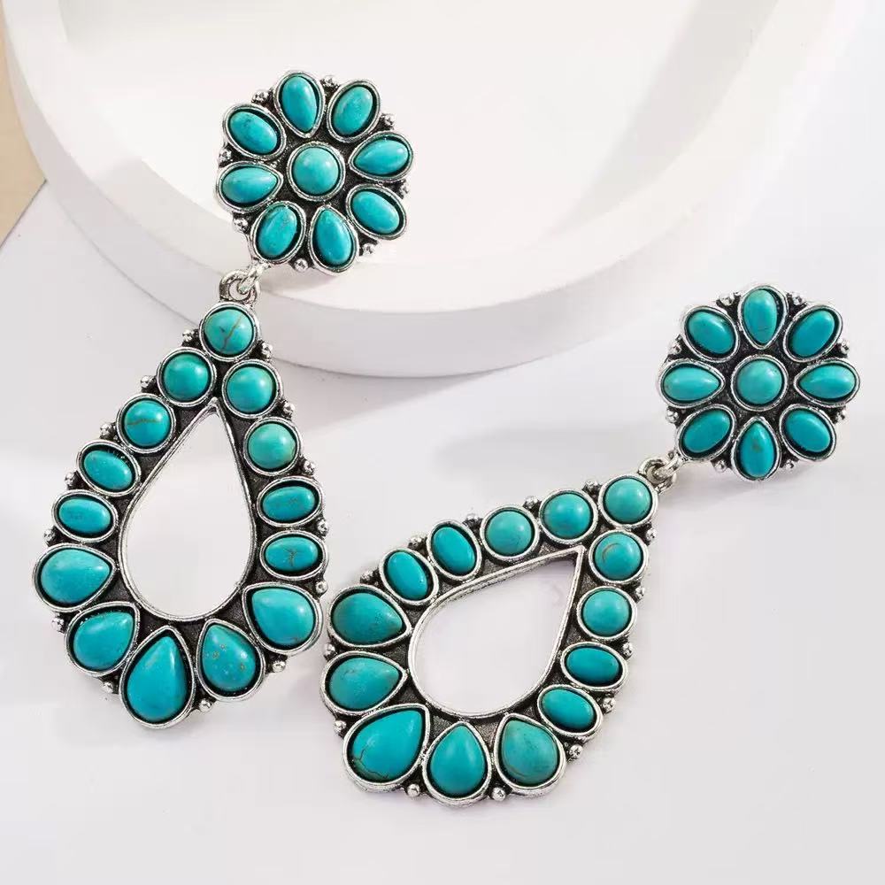 Boho blue Turquoise-Style Teardrop Dangle Earrings for Women, Vintage Western Statement Earrings, Antique Inspired Jewelry