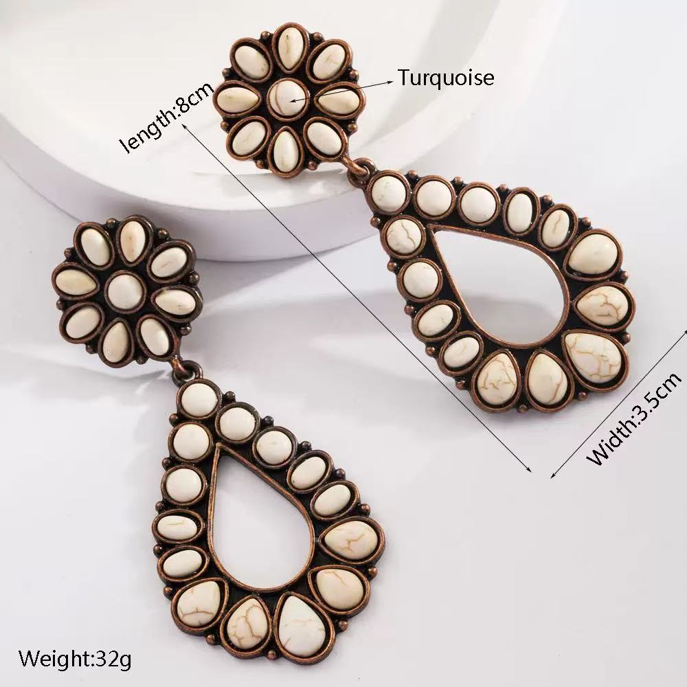 Boho White Turquoise-Style Teardrop Dangle Earrings for Women, Vintage Western Statement Earrings, Antique Inspired Jewelry