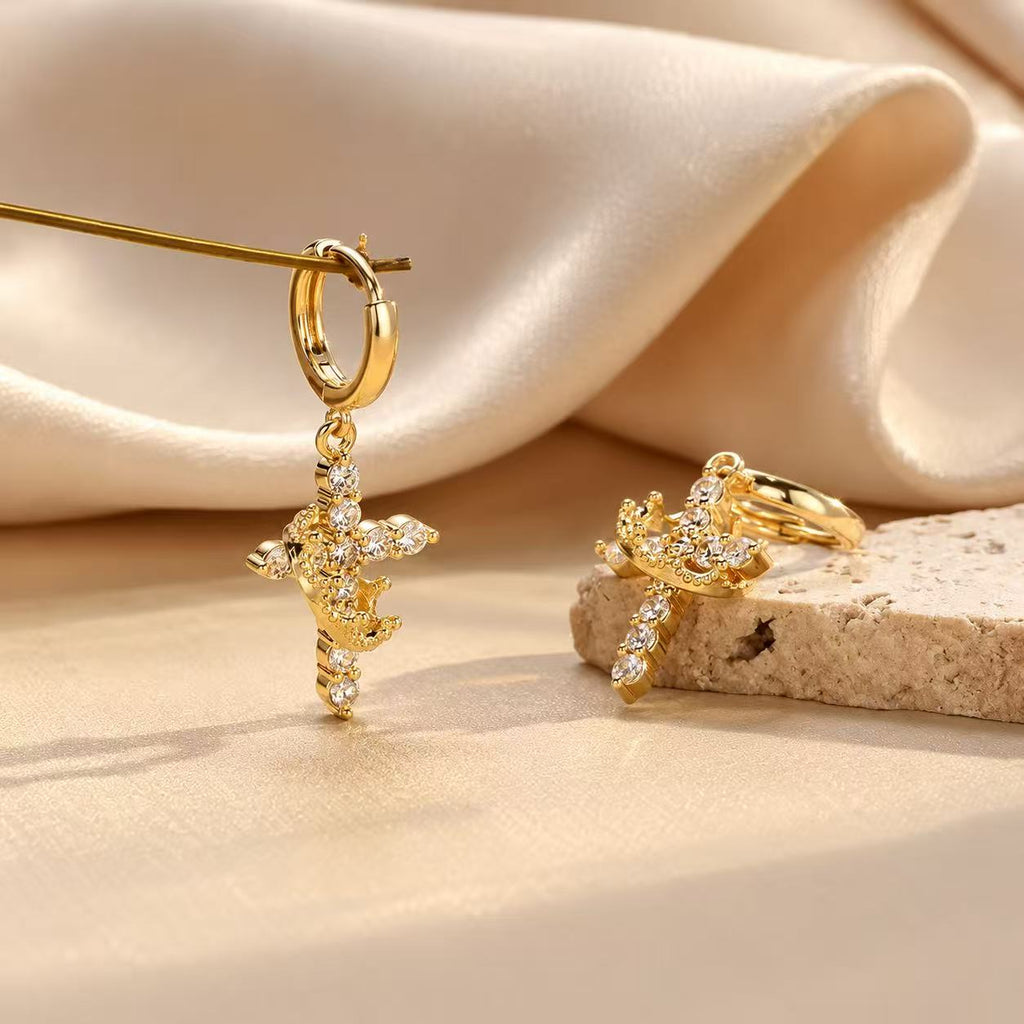 Gold Tone Cross Crown Dangle Earrings for Women, Sparkling Clear Stone Hoop Drop Earrings, Vintage Inspired Statement Jewelry, Gift for Her