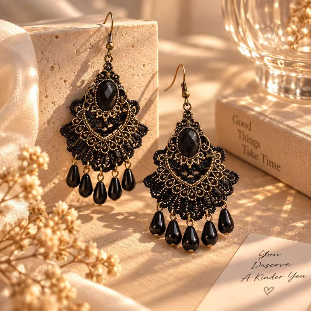 Vintage Gothic Lace Drop Earrings – Black & Ivory Statement Dangle Earrings, Crystal-Inspired Boho Jewelry for Halloween & Everyday Style