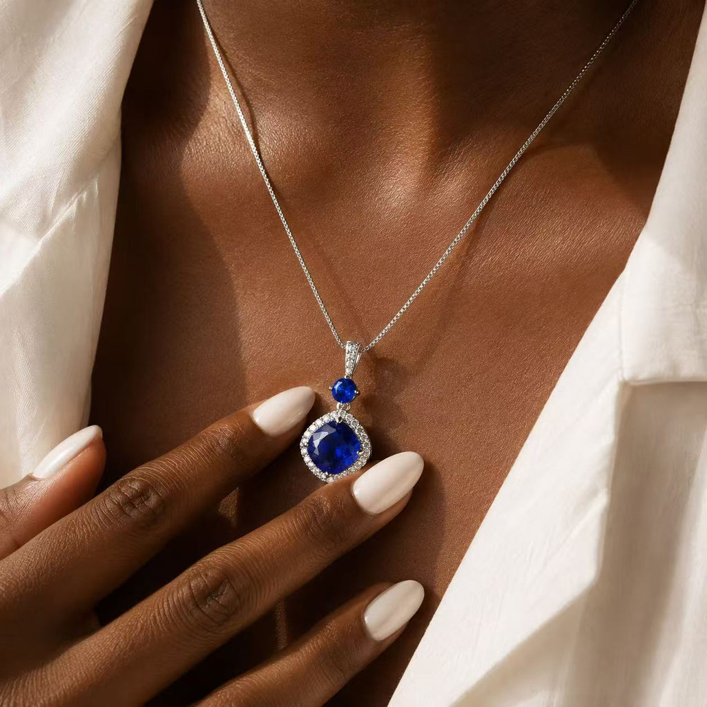Royal Blue Crystal Pendant Necklace Elegant Blue Sapphire Pendant Necklace with Rhinestone Accents and Delicate Chain Design