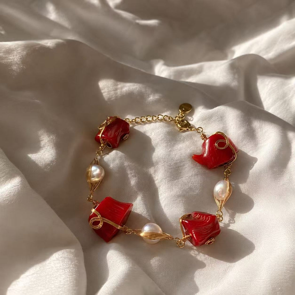 Red Coral & Freshwater Pearl Gold Wire-Wrapped Statement Bracelet