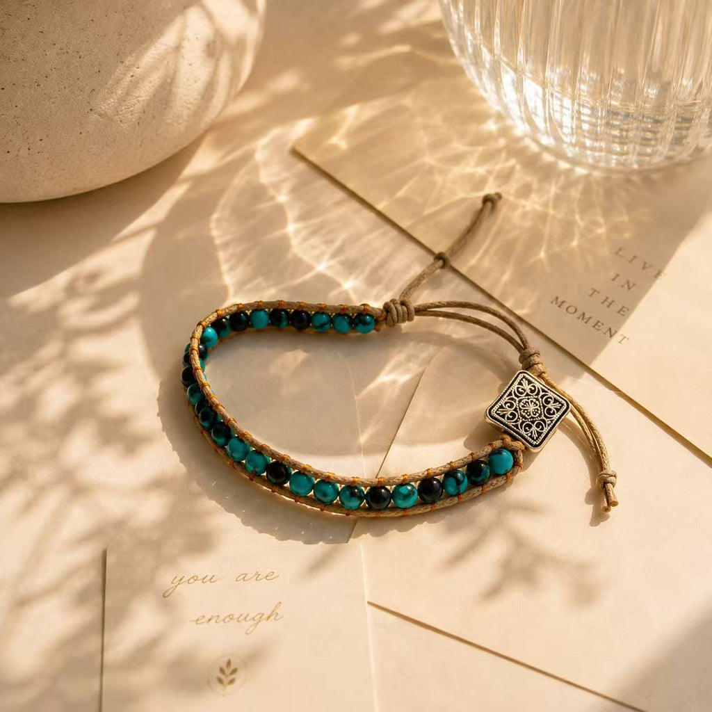 Elegant Turquoise Beaded Bracelet with Intricate Silver Charm for Women's Fashion Accessory