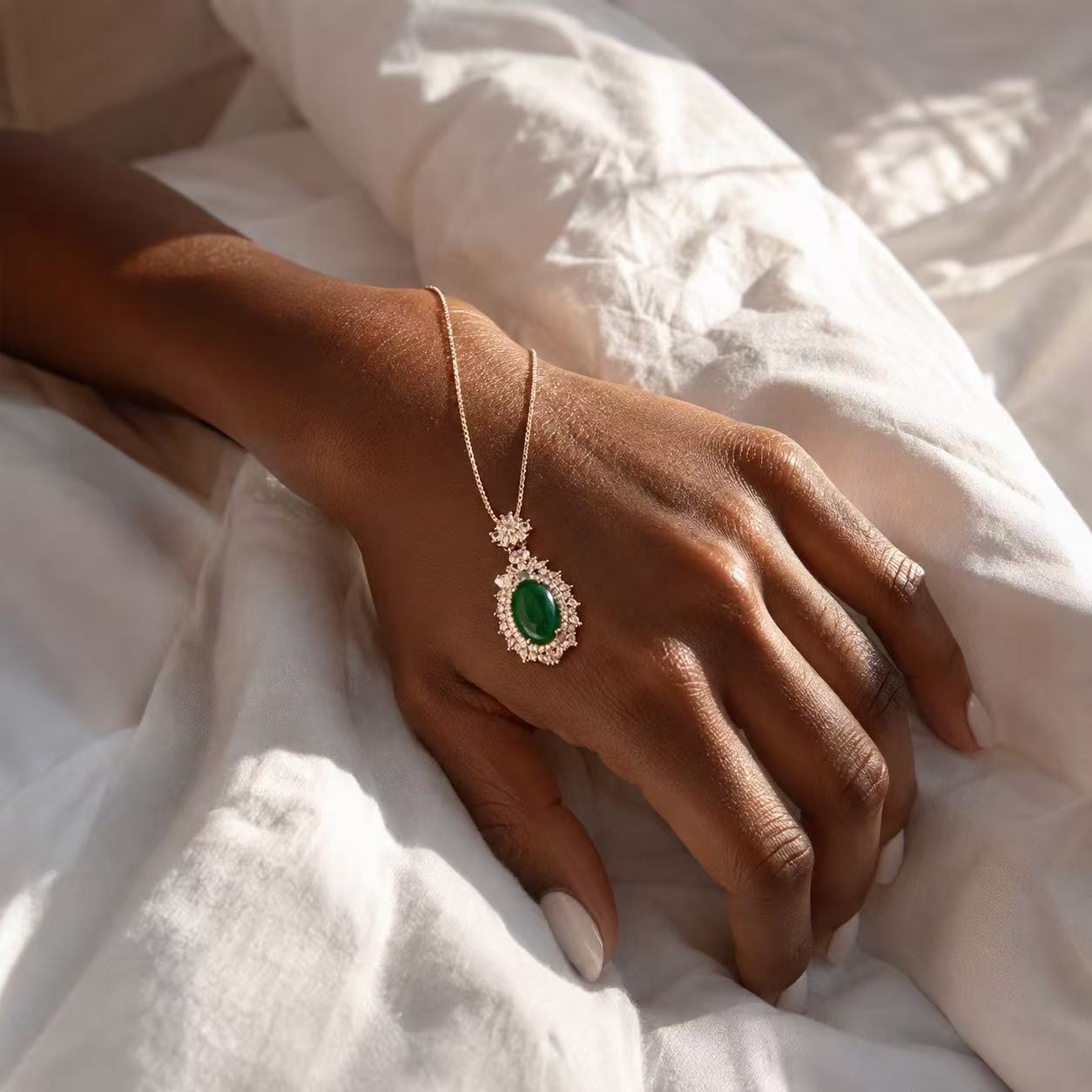 Elegant Emerald Pendant Necklace with Sparkling Halo Design and Delicate Chain for Women