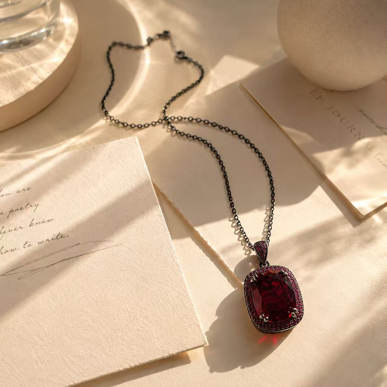Red Crystal Pendant Necklace for Women Elegant Red Garnet Pendant Necklace with Black Chain for Women's Fashion Jewelry