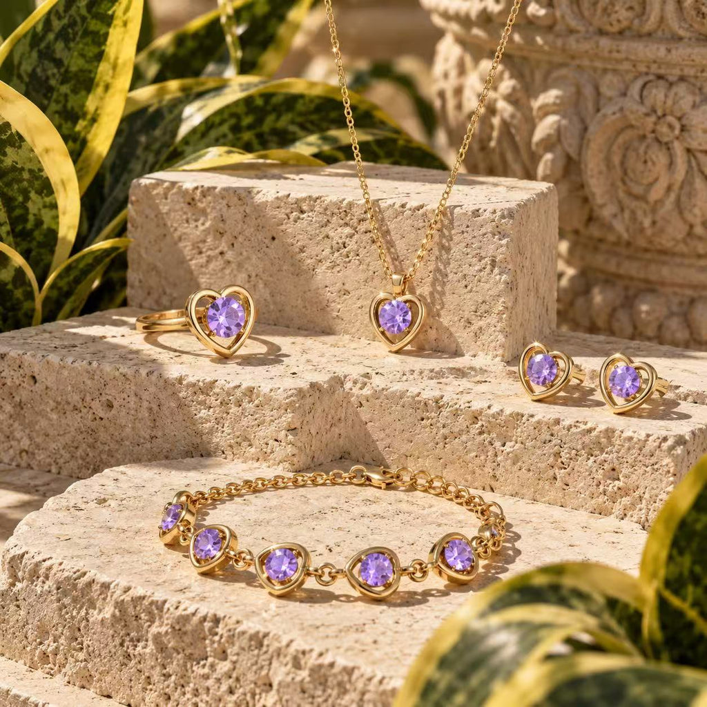 Purple Heart Crystal Jewelry Set for Women, Gold-Tone Necklace, Bracelet, Earrings & Ring, 4-Piece Elegant Jewelry Set