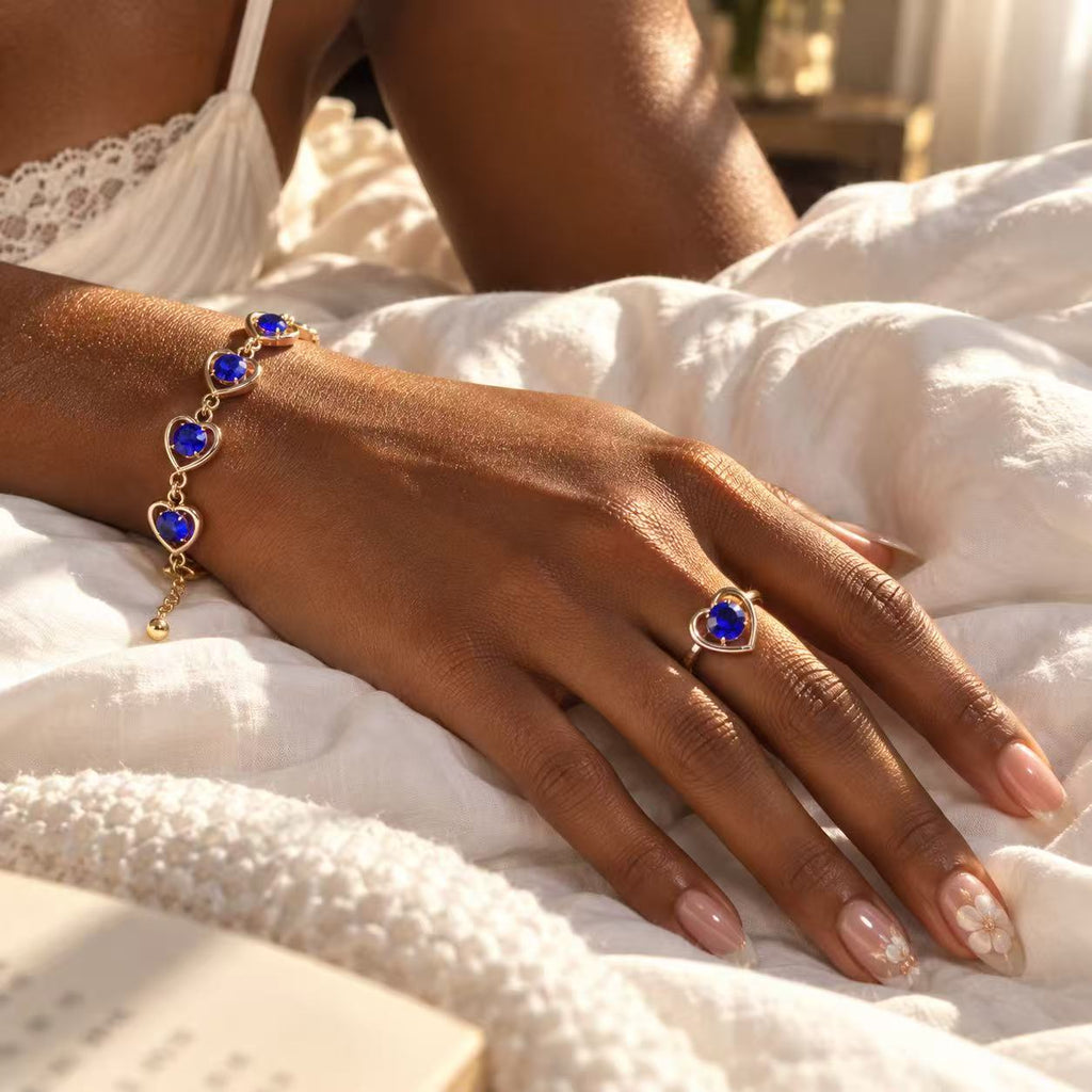Blue Heart Jewelry Set for Women, Gold Tone Necklace, Bracelet, Earrings & Ring, Elegant Everyday Jewelry Gift
