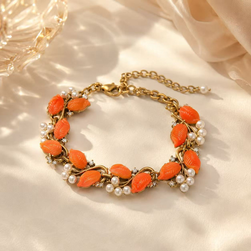 Orange Leaf Pearl Bracelet – Vintage Gold Statement Jewelry, Elegant Gift for Her