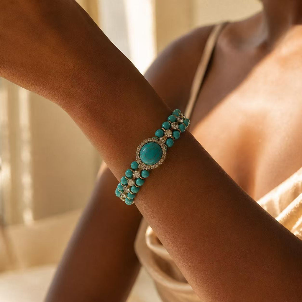 Turquoise Statement Bracelet – Gold-Tone Crystal & Natural Stone-Inspired Jewelry