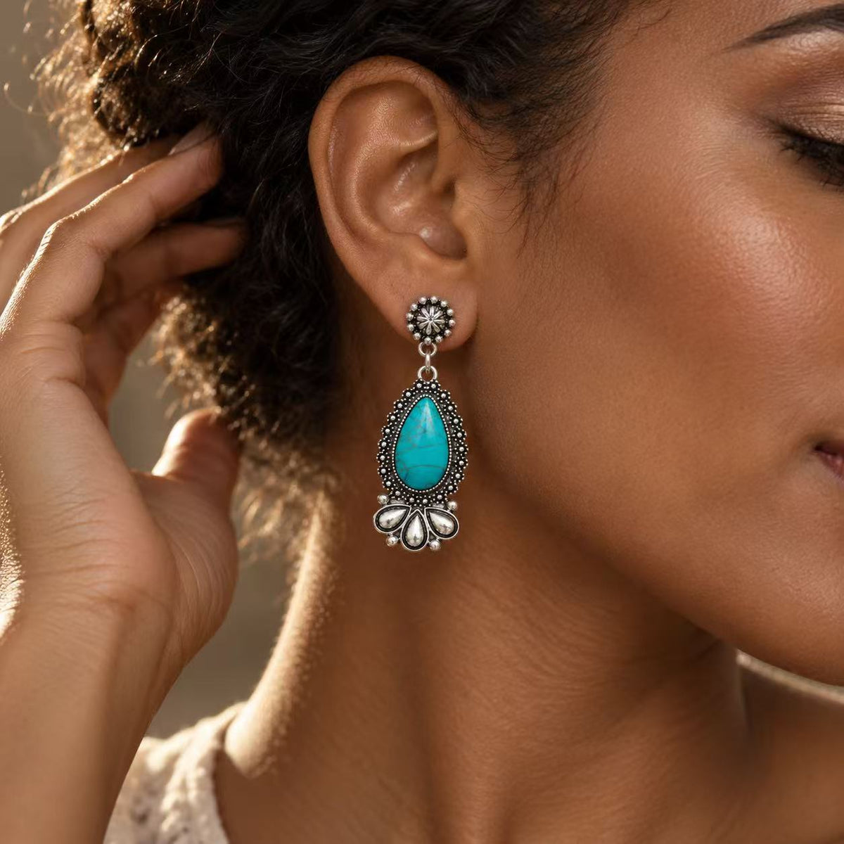 Boho Turquoise Teardrop Dangle Earrings for Women, Vintage Silver Tone Statement Drop Earrings, Festival Vacation Jewelry Gift