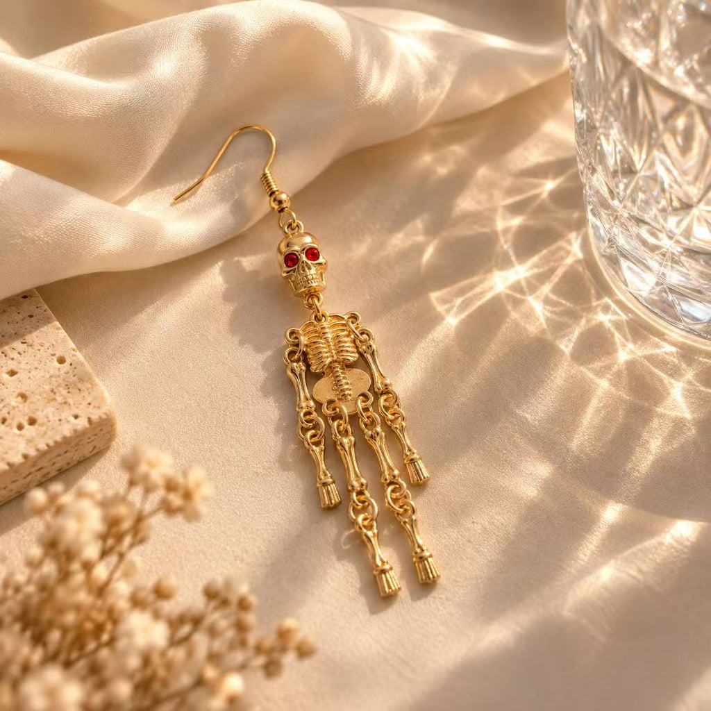 Gothic Skeleton Dangle Earrings with Red Eyes, Vintage Skull Drop Earrings, Punk Alternative Statement Jewelry for Halloween & Everyday Style