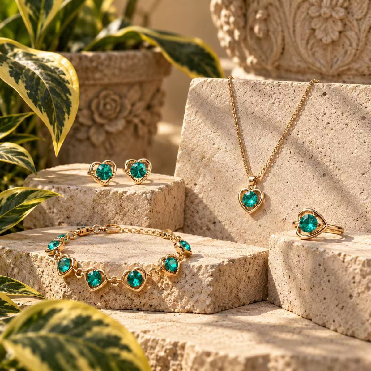 Green Heart Crystal Jewelry Set for Women, Gold-Tone Necklace, Bracelet, Ring & Stud Earrings, Elegant 4-Piece Gift Set