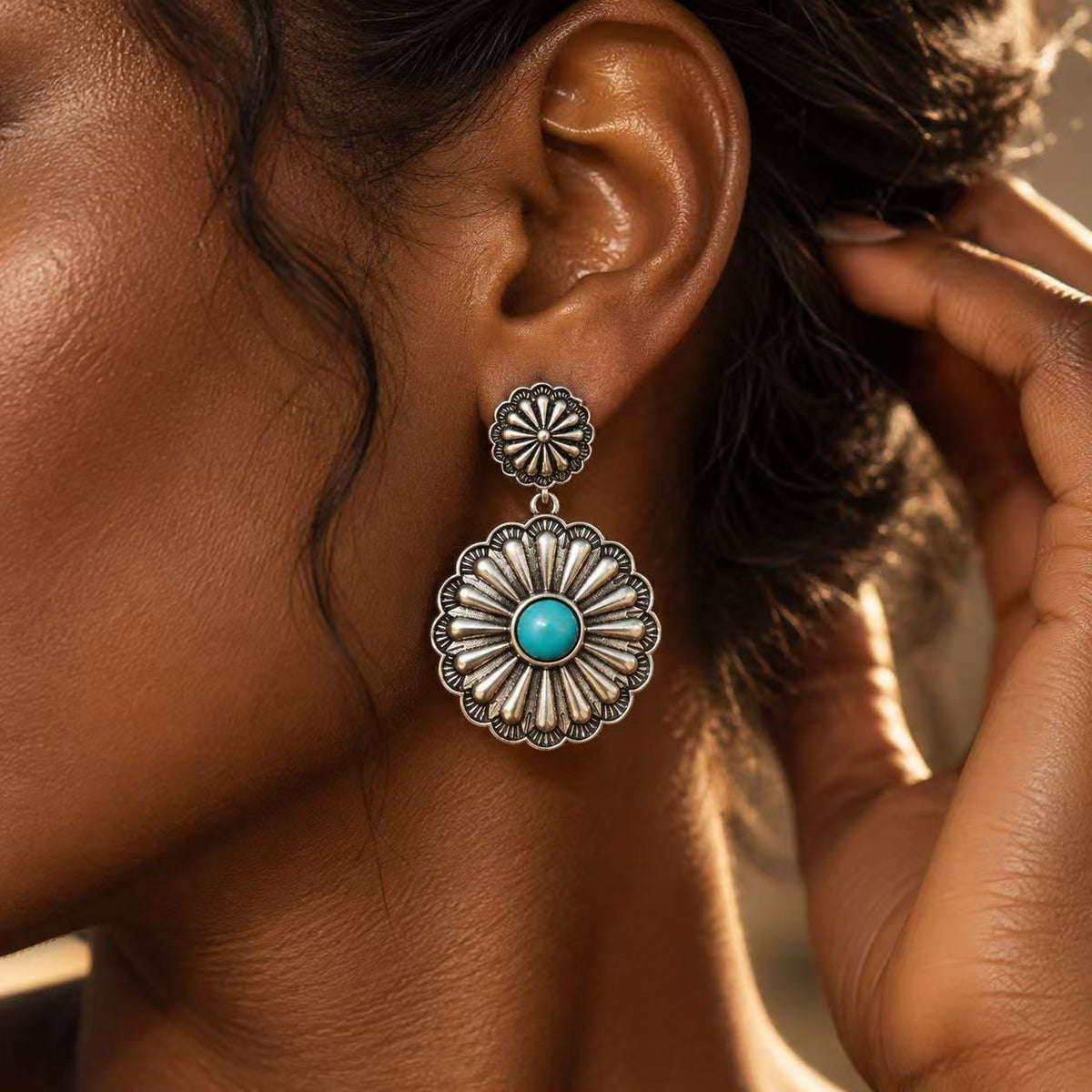 Vintage Silver Tone Statement Drop Earrings, Boho Turquoise Teardrop Dangle Earrings for Women Festival Vacation Jewelry Gift