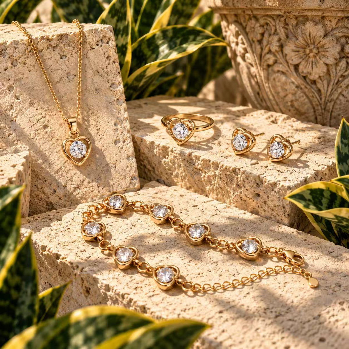4-Piece Heart Crystal Jewelry Set for Women, Gold-Tone Necklace, Bracelet, Stud Earrings & Ring, Elegant Matching Jewelry Set