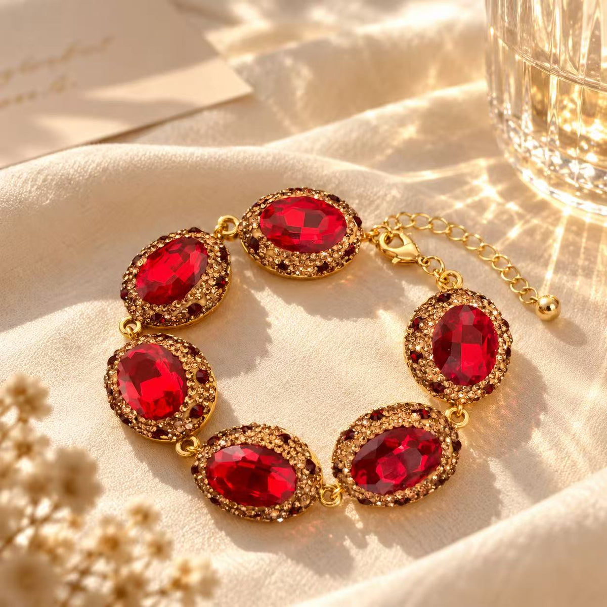 Red Crystal Gold-Tone Statement Bracelet – Vintage Glamour Oval Gemstone Jewelry