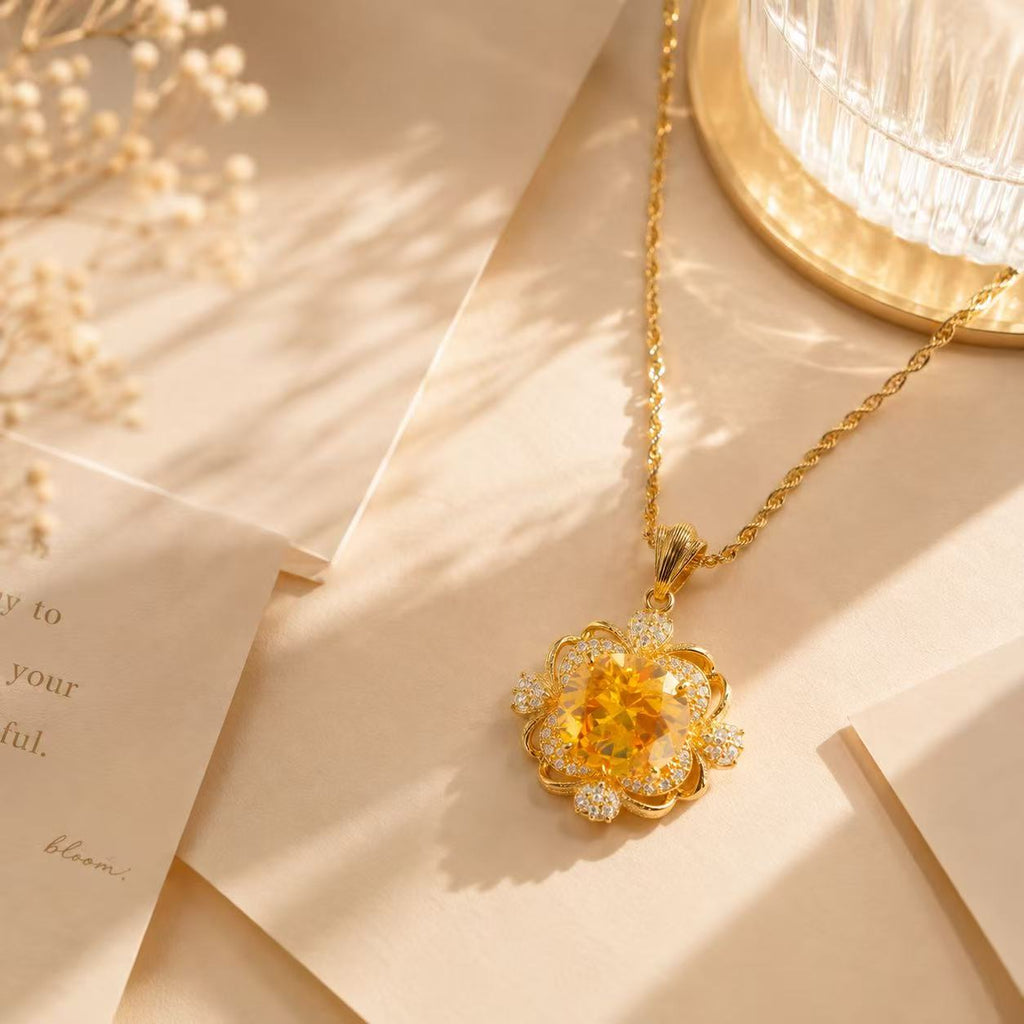 Golden Flower Crystal Pendant Necklace Elegant Gold Flower Pendant Necklace with Yellow Gemstone and Sparkling Accents for Women's Jewelry