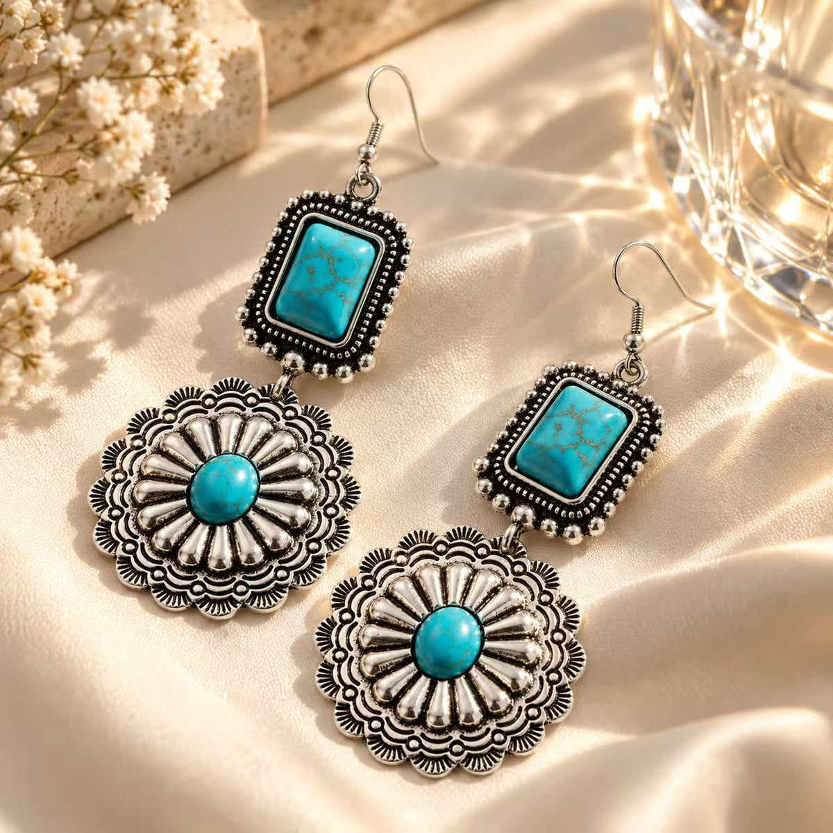 Festival Vacation Jewelry Gift,Boho Turquoise Teardrop Dangle Earrings for Women, Vintage Silver Tone Statement Drop Earrings