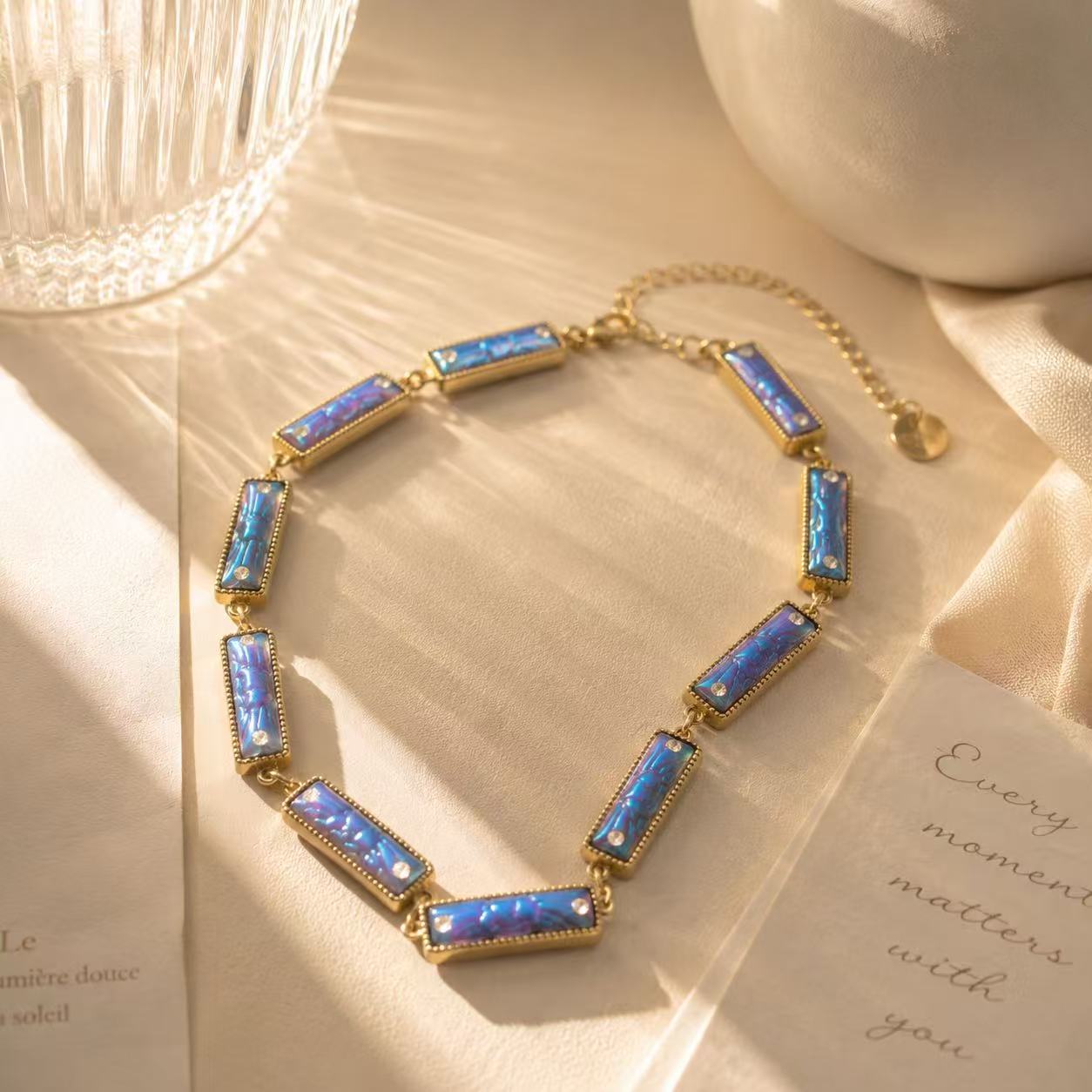 Elegant Blue Opal Necklace with Gold Tone Settings for Women's Fashion Jewelry