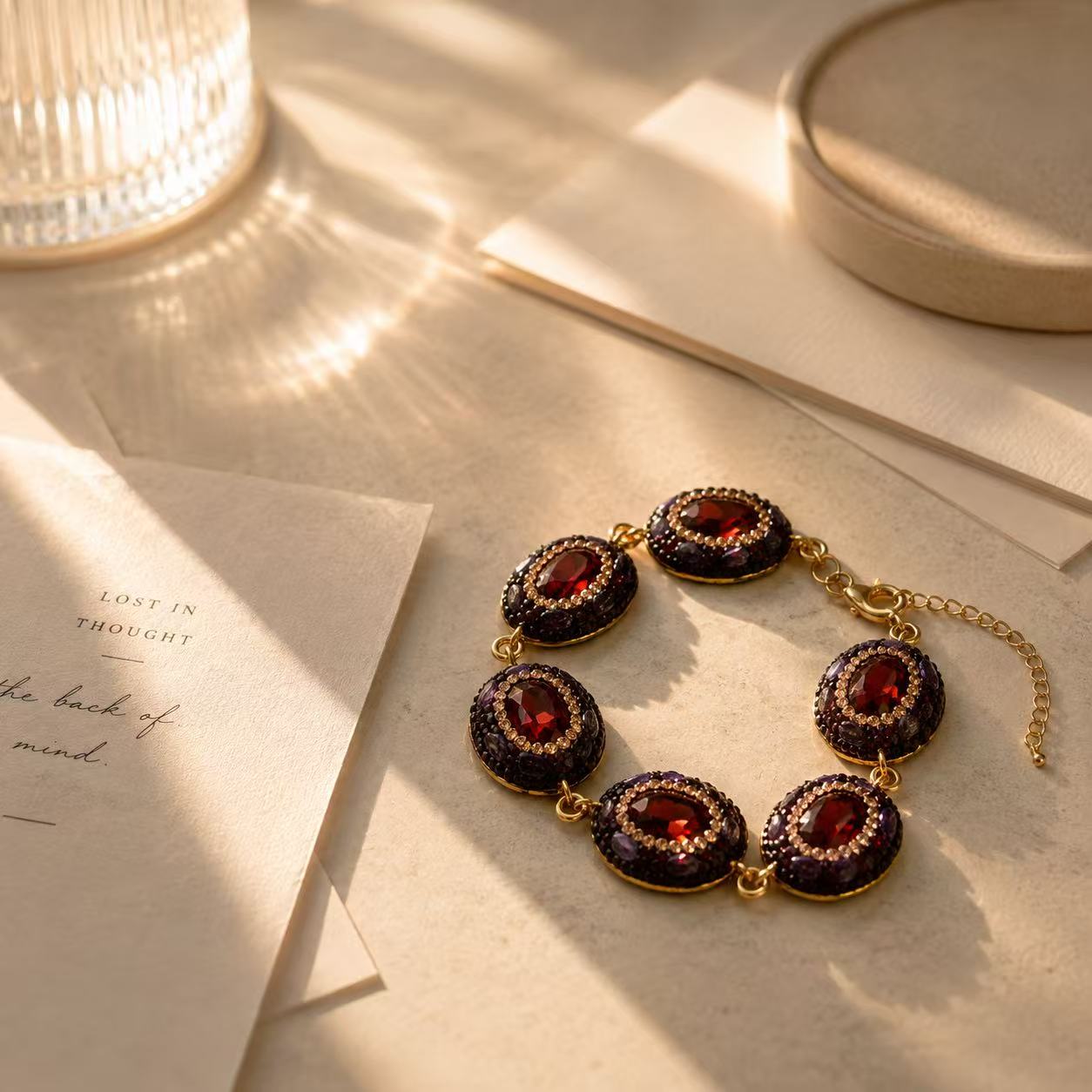 Garnet & Amethyst Statement Bracelet – Vintage-Inspired Gold-Tone Gemstone Jewelry