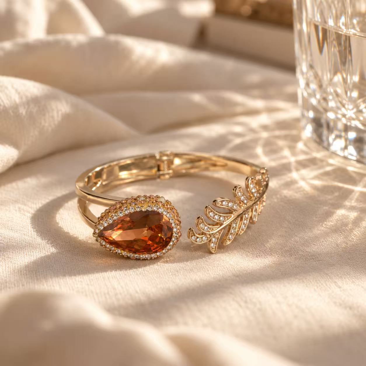 Amber Leaf Cuff Bracelet – Crystal-Embellished Statement Jewelry for Women