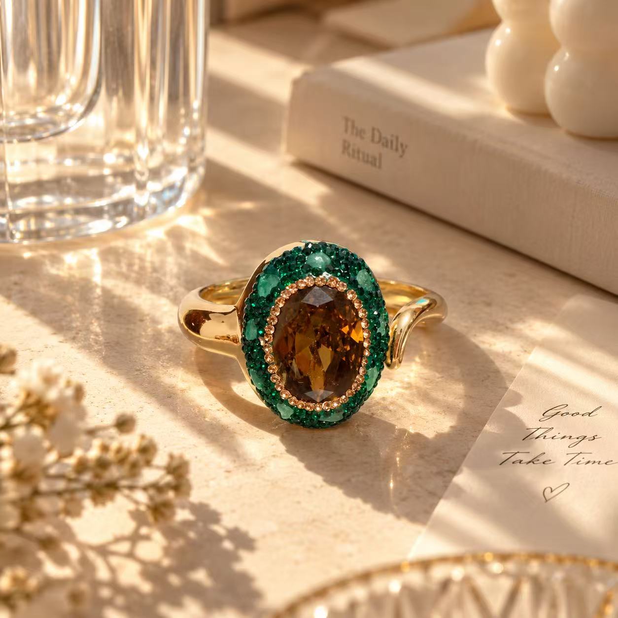 Emerald Green & Amber Statement Bracelet for Women, Gold-Tone Oval Gemstone Cuff, Elegant Vintage-Inspired Jewelry