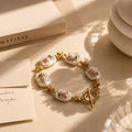 Floral Mother of Pearl Bracelet – Gold Butterfly & Pink Flower Statement Jewelry
