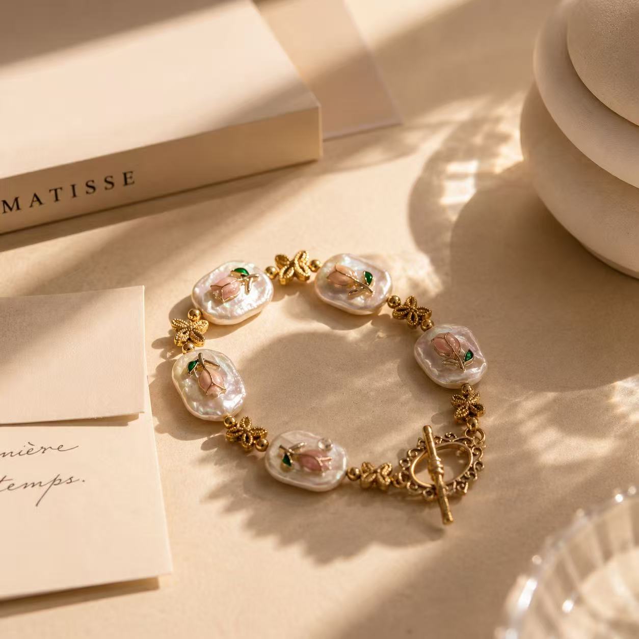 Floral Mother of Pearl Bracelet – Gold Butterfly & Pink Flower Statement Jewelry