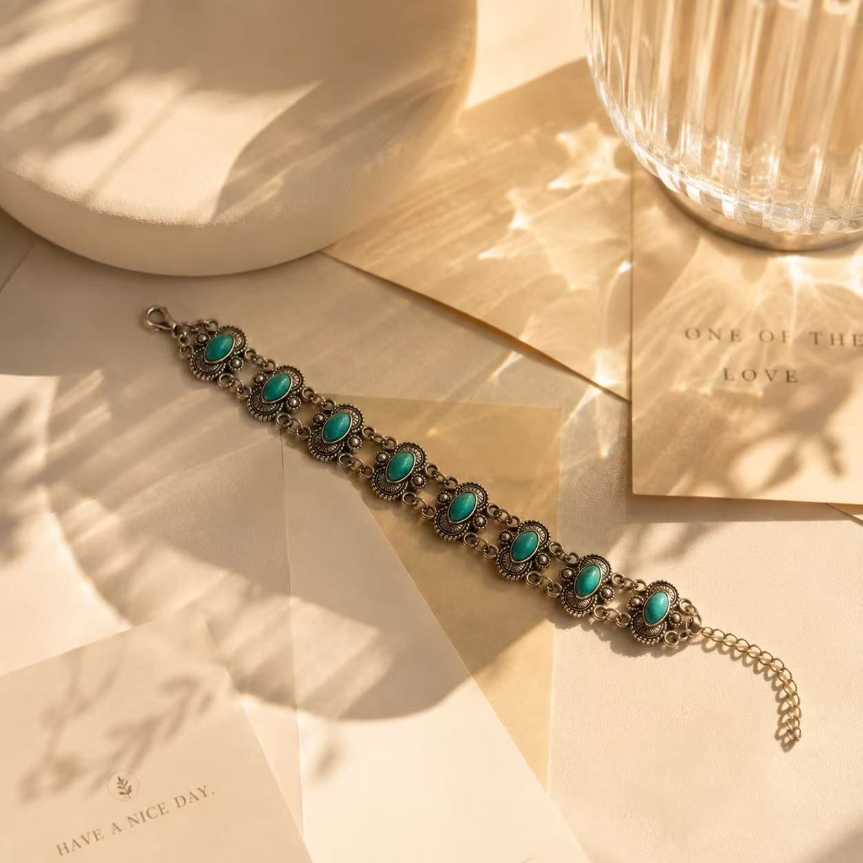 Elegant Turquoise Stone Bracelet with Intricate Silver Design for Women's Fashion Accessory