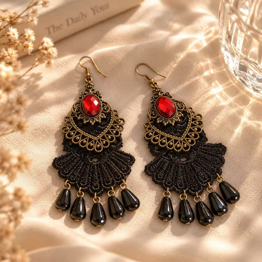 Vintage Gothic Lace Drop Earrings – Black & Ivory Statement Dangle Earrings, Crystal-Inspired Boho Jewelry for Halloween & Everyday Style
