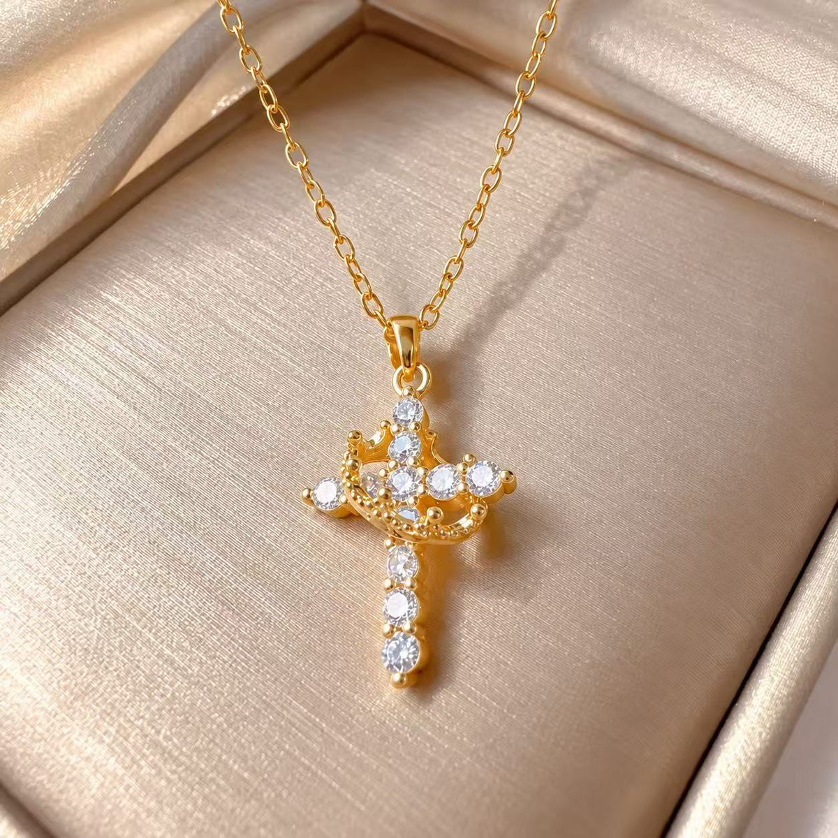 Gold Tone Cross Pendant Necklace for Women, Sparkling Clear Stone Cross with Angel Detail, Vintage Inspired Statement Jewelry, Gift for Her